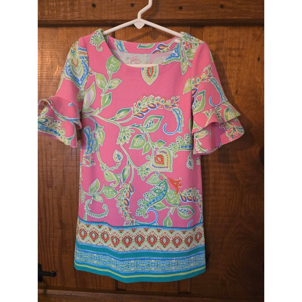 PAPPAGALLO Girls Pink Paisley Floral Ruffle Sleeve Shift Dress Size XS 4/5